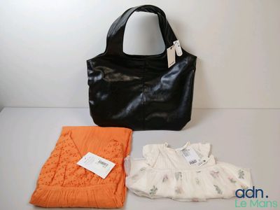 a purse, sweater, and blanket on a table