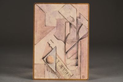 an image of a painting of a vase and a bottle on a table