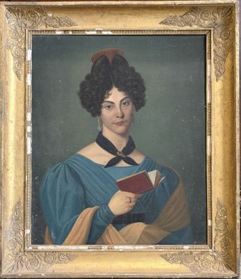 painting of a woman holding a book in a gold frame