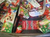 many boxes of food that are sitting on a table