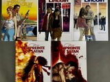 four books on a table with a picture of a man holding a gun and a woman holding a gun