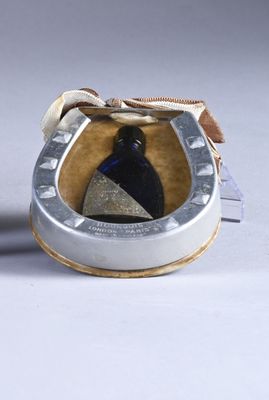 a horse shoe with a bottle in the middle of it