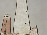 a drawing of a building with a clock tower on top of it