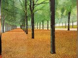 une peinture à l'huile représentant un parc avec des arbres et des feuilles au sol