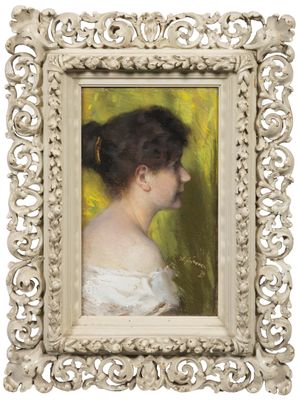 un tableau représentant une femme en robe blanche, dans un cadre blanc