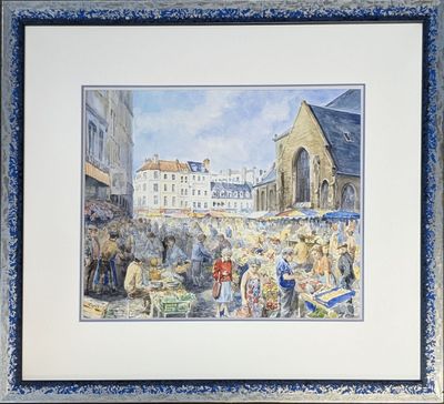 tableau représentant une scène de marché avec une église en arrière-plan