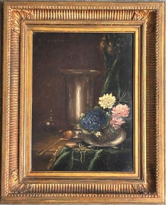 peinture d'une nature morte de fleurs dans un vase sur une table