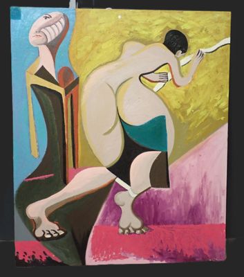 un tableau représentant une femme assise sur une chaise, une cigarette aux lèvres