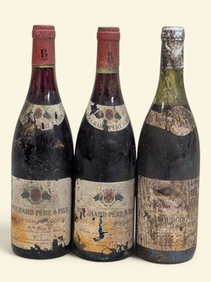 trois bouteilles de vin posées les unes à côté des autres sur une surface blanche