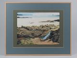 painting of a rocky beach with a body of water in the foreground