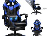 a set of four different types of gaming chairs with blue and black accents