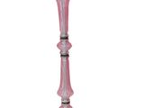 pink glass table lamp with tripod legs and a white shade