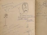 an open book with a drawing of a man holding a baseball bat