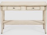 une table blanche avec deux tiroirs et une étagère en dessous