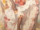 une peinture à l'huile représentant une femme en robe blanche tenant un éventail