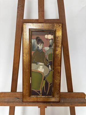 tableau représentant un homme assis sur une chaise devant un chevalet