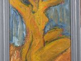 an oil painting of a woman in a yellow dress sitting on a couch