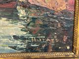 a painting of a man on a boat in the water