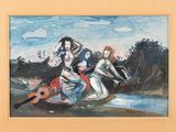 une peinture représentant un groupe de personnes sur une plage