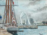 un tableau représentant un voilier dans un port, avec un pont en arrière-plan