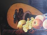 a painting of fruit and a guitar on a table