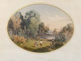 painting of two men and a dog in a field with a lake in the background