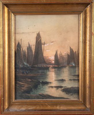 an oil painting of boats in a harbor at sunset by a dock