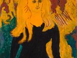 une peinture à l'huile représentant une femme en robe noire debout devant une carte