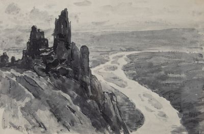 drawing of a mountain with a river running through it and a castle in the distance