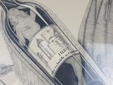 a drawing of a bottle of wine on a table