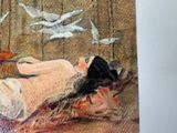 a painting of a woman laying on a bed surrounded by birds