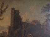 a painting on the wall of a building with a horse in the foreground