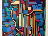 peinture représentant une peinture d'une guitare et d'un vase de fleurs posés sur une table