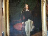 a painting of a young girl in a black dress in a room