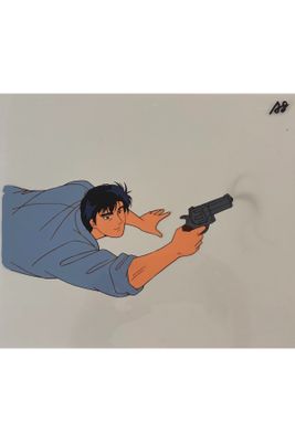 an animation drawing of a man holding a gun in his hand
