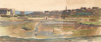 un tableau représentant une vue d'une ville depuis une colline