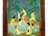 an image of a painting of a group of people bathing in a body of water