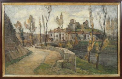 une image représentant un tableau d'une maison située sur une colline près d'une rivière