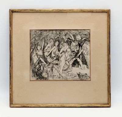 un dessin en noir et blanc représentant un groupe de personnes dans une forêt