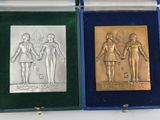 two silver and gold medals in a blue box on a white surface