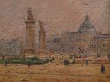 peinture représentant une ville avec une tour horloge en arrière-plan
