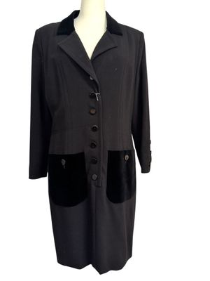 the coat is black and has two buttons on the front