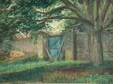 a painting of a barn with a blue door in the grass