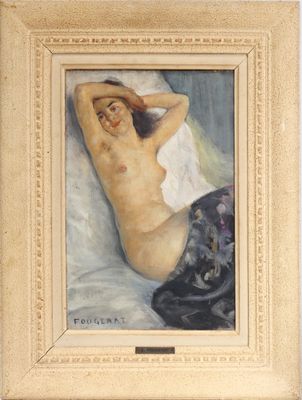 tableau représentant une femme nue allongée sur un lit, les mains derrière la tête