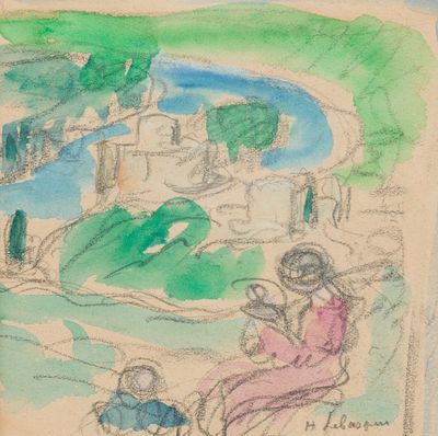 drawing of a woman and child sitting on a bench in front of a river