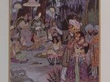 a picture of a painting of a group of people in a forest