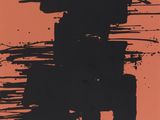 un tableau noir et orange représentant un homme debout devant un fond orange