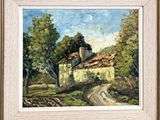 an oil painting of a house on a hill with a dirt road in front of it