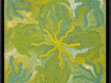 a painting of a green and yellow flower in a black frame