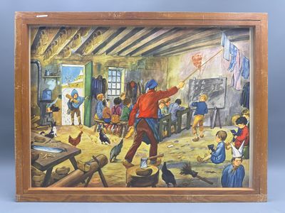 painting of a boy flying a kite in a barn with other children